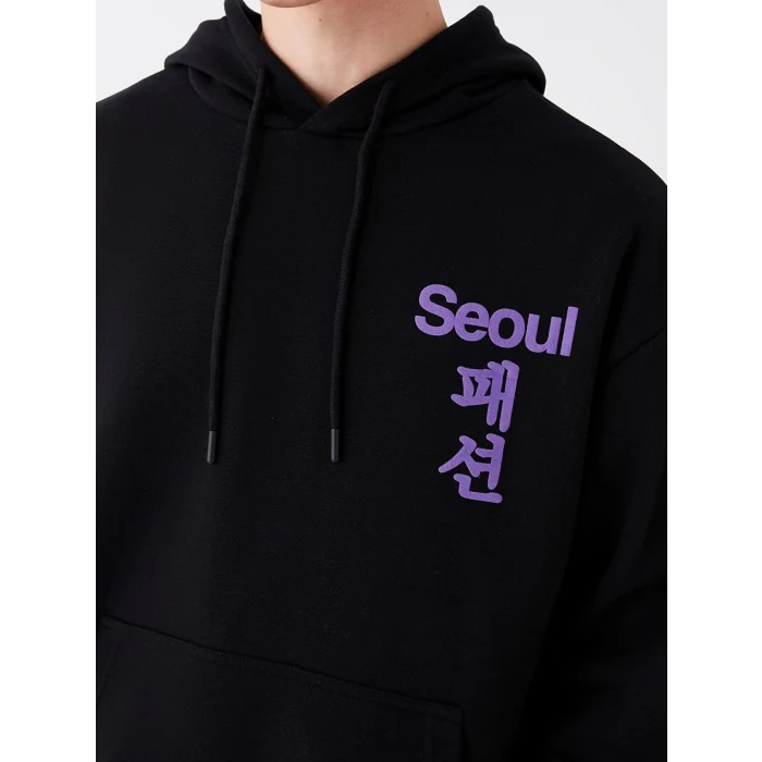 XSIDE Siyah Uzun Kollu Baskılı Erkek Kalın Hoodie