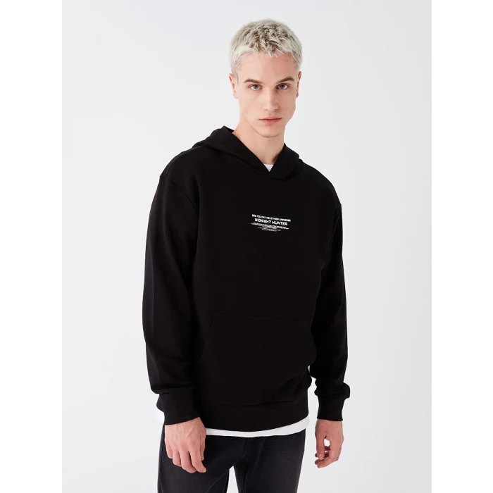 XSIDE Siyah Uzun Kollu Baskılı Erkek Kalın Hoodie