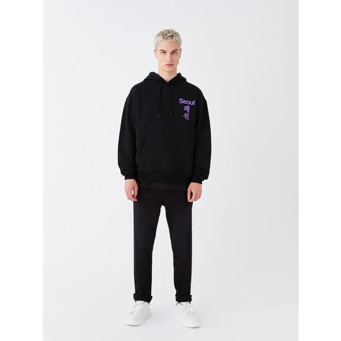 XSIDE Siyah Uzun Kollu Baskılı Erkek Kalın Hoodie