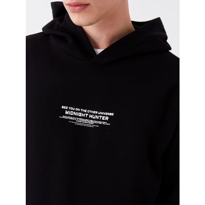XSIDE Siyah Uzun Kollu Baskılı Erkek Kalın Hoodie