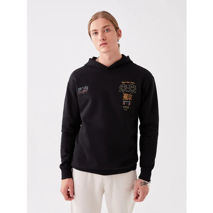 XSIDE Siyah Uzun Kollu Baskılı Erkek Kalın Hoodie