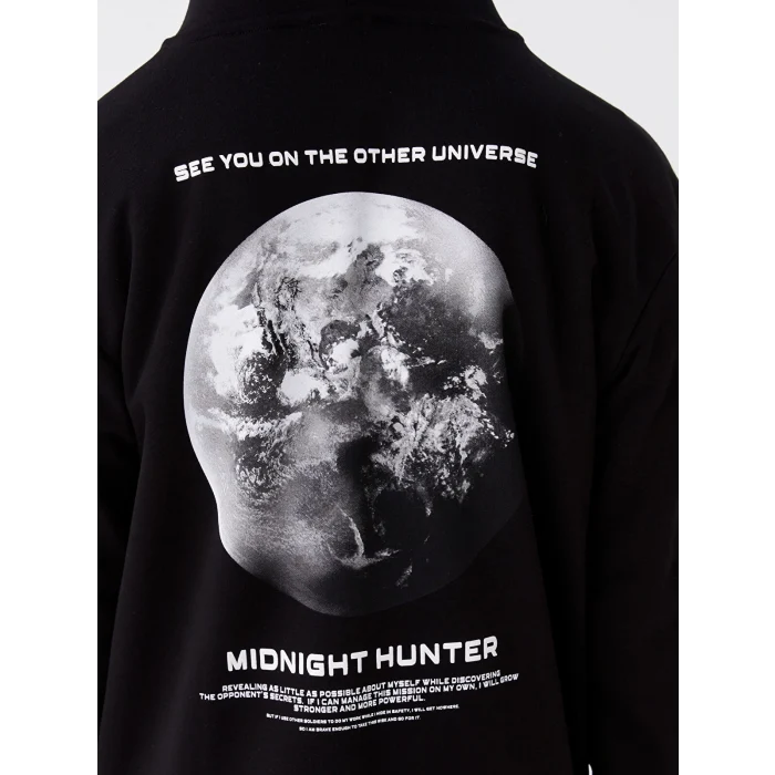 XSIDE Siyah Uzun Kollu Baskılı Erkek Kalın Hoodie