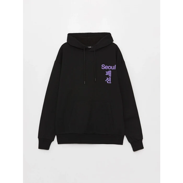 XSIDE Siyah Uzun Kollu Baskılı Erkek Kalın Hoodie