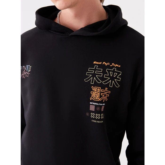 XSIDE Siyah Uzun Kollu Baskılı Erkek Kalın Hoodie