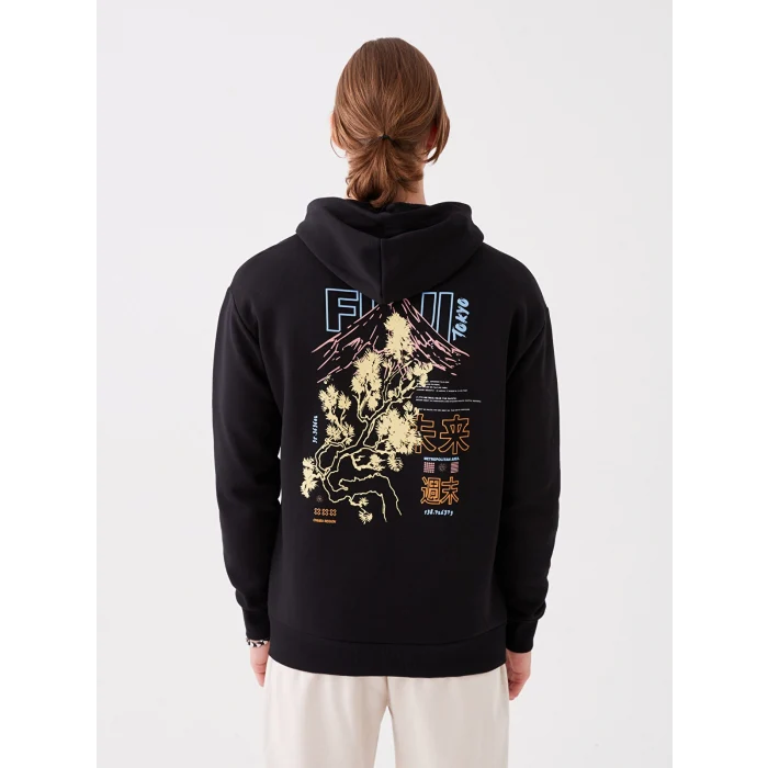 XSIDE Siyah Uzun Kollu Baskılı Erkek Kalın Hoodie