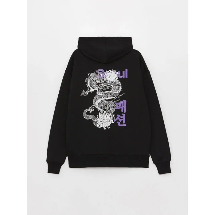 XSIDE Siyah Uzun Kollu Baskılı Erkek Kalın Hoodie