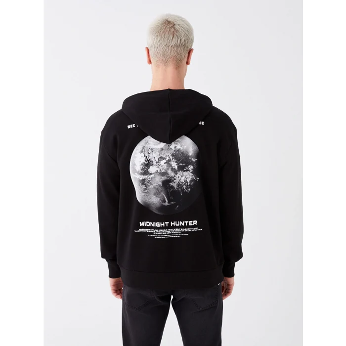 XSIDE Siyah Uzun Kollu Baskılı Erkek Kalın Hoodie