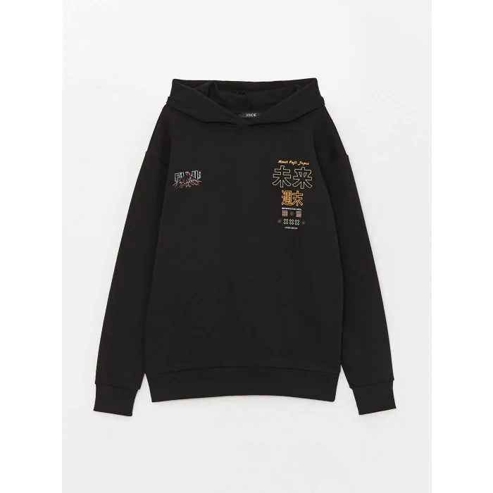 XSIDE Siyah Uzun Kollu Baskılı Erkek Kalın Hoodie