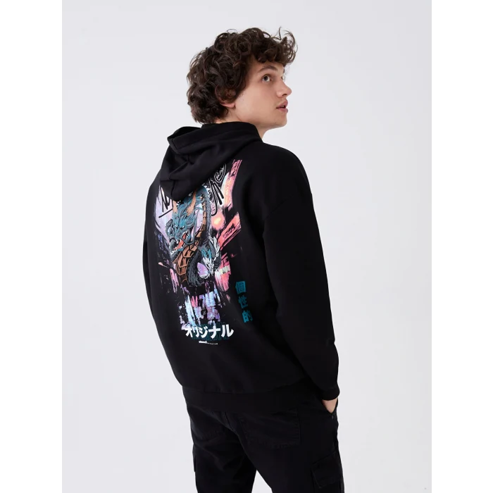 XSIDE Siyah Uzun Kollu Baskılı Erkek Kalın Hoodie