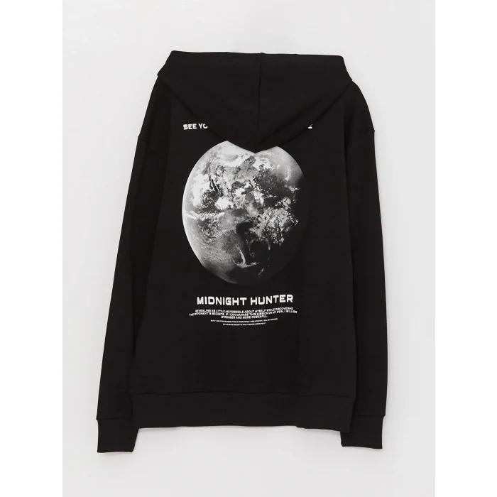 XSIDE Siyah Uzun Kollu Baskılı Erkek Kalın Hoodie