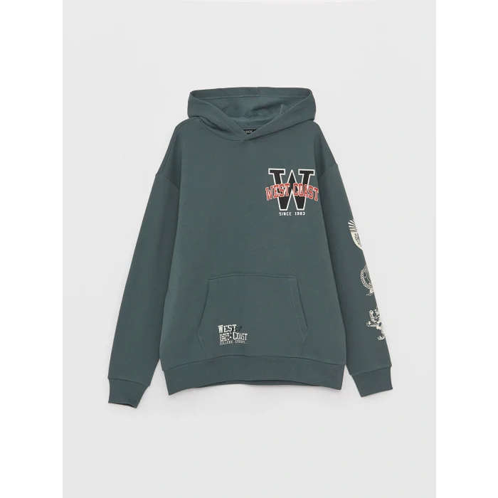 XSIDE Yeşil Uzun Kollu Baskılı Erkek Kalın Hoodie