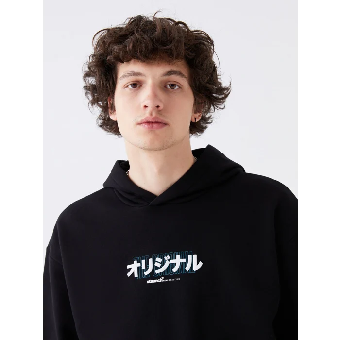 XSIDE Siyah Uzun Kollu Baskılı Erkek Kalın Hoodie