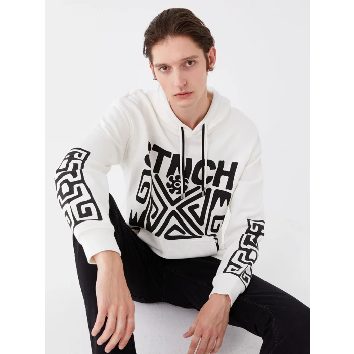 XSIDE Ekru Uzun Kollu Baskılı Erkek Kalın Hoodie