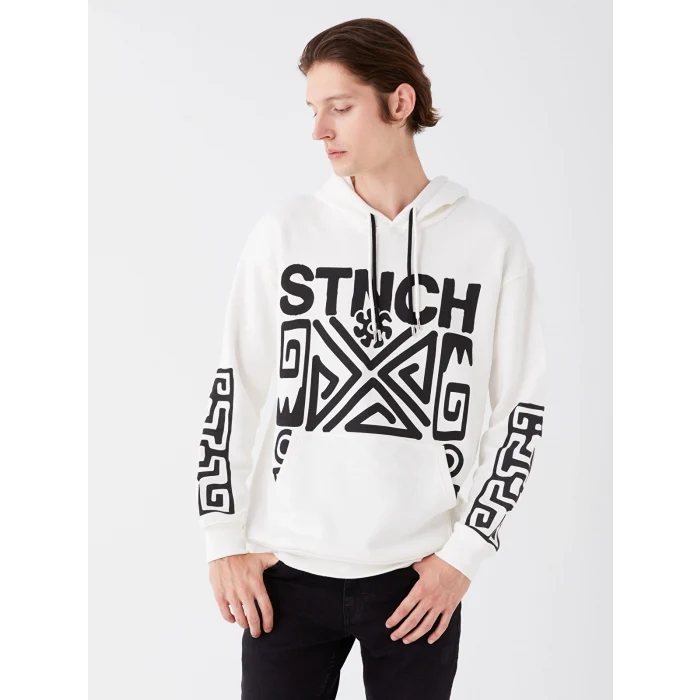 XSIDE Ekru Uzun Kollu Baskılı Erkek Kalın Hoodie