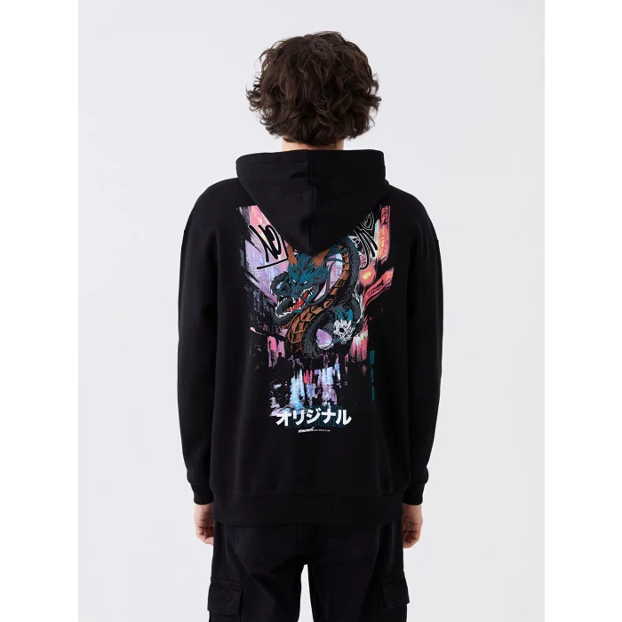 XSIDE Siyah Uzun Kollu Baskılı Erkek Kalın Hoodie