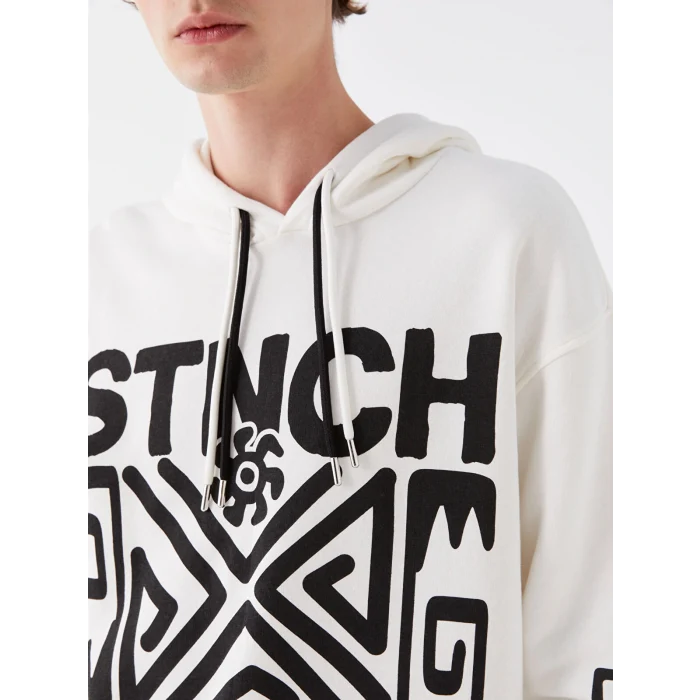 XSIDE Ekru Uzun Kollu Baskılı Erkek Kalın Hoodie