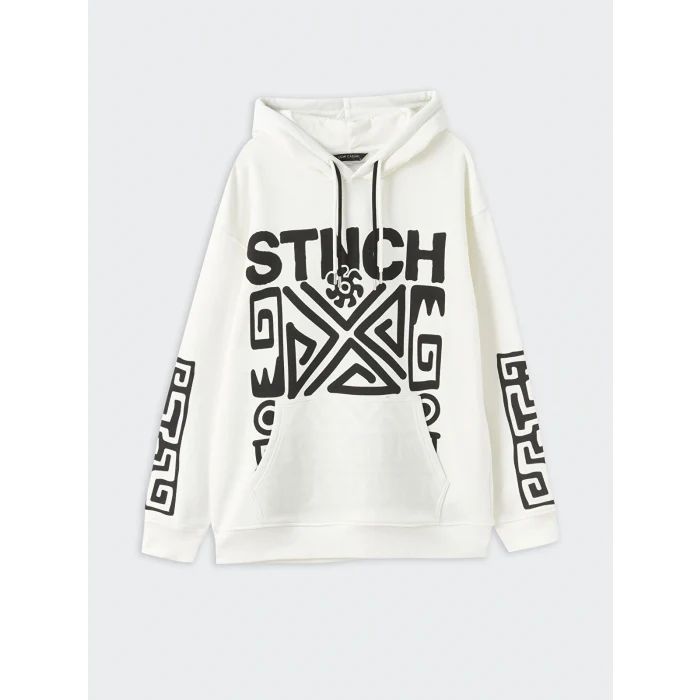 XSIDE Ekru Uzun Kollu Baskılı Erkek Kalın Hoodie