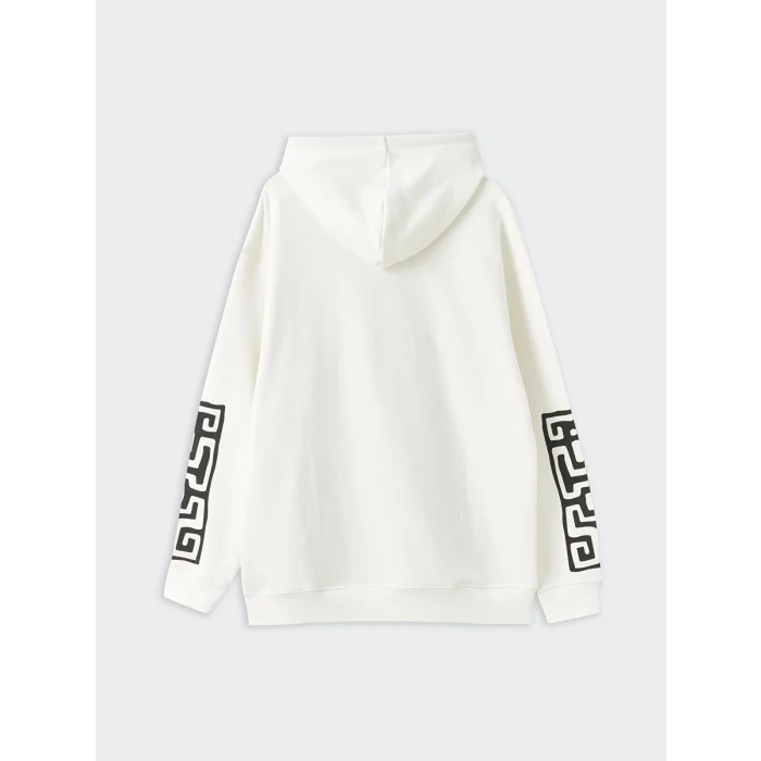 XSIDE Ekru Uzun Kollu Baskılı Erkek Kalın Hoodie
