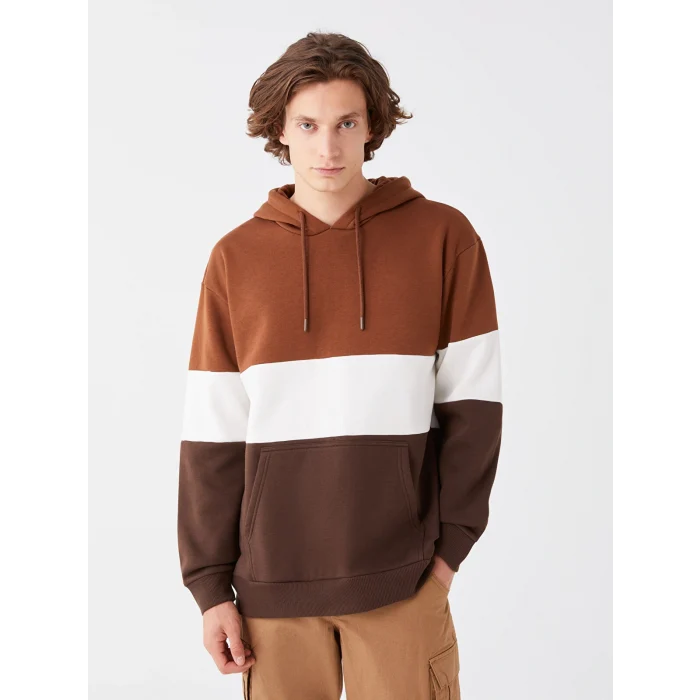 XSIDE Kahverengi Uzun Kollu Renk Bloklu Erkek Kalın Hoodie