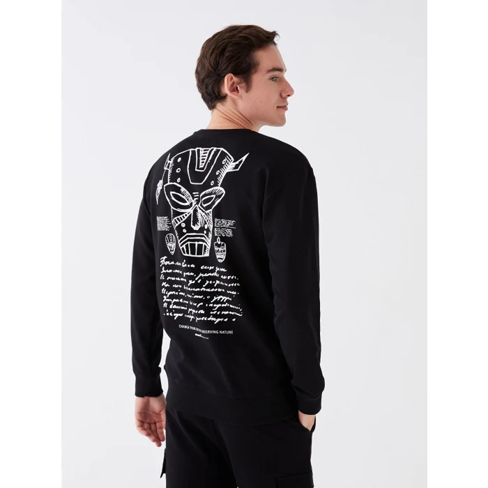 XSIDE Siyah Bisiklet Yaka Uzun Kollu Baskılı Erkek Sweatshirt