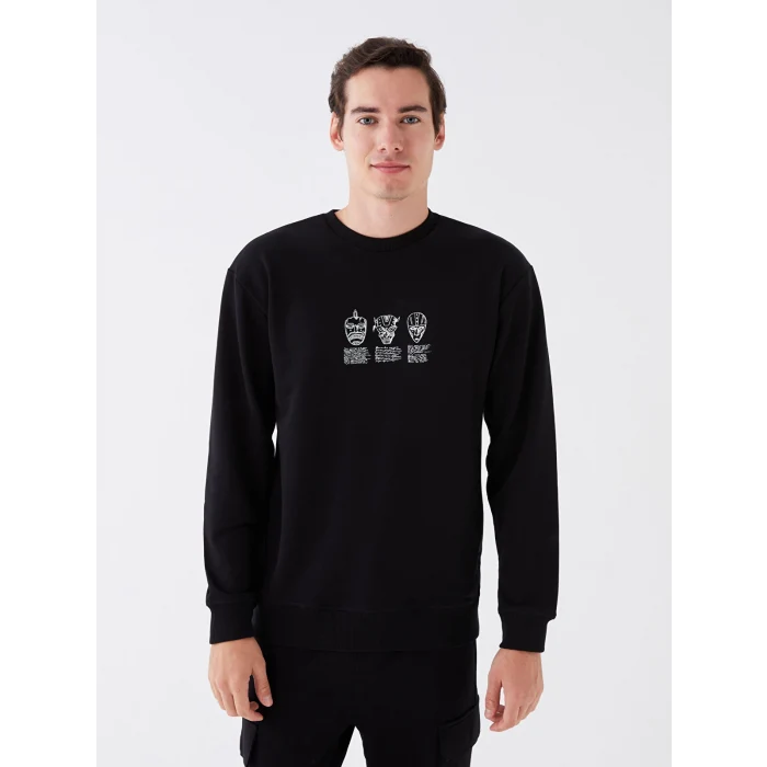 XSIDE Siyah Bisiklet Yaka Uzun Kollu Baskılı Erkek Sweatshirt