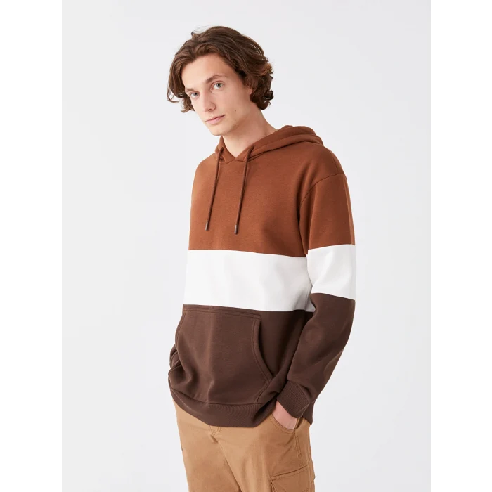 XSIDE Kahverengi Uzun Kollu Renk Bloklu Erkek Kalın Hoodie