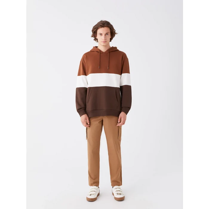XSIDE Kahverengi Uzun Kollu Renk Bloklu Erkek Kalın Hoodie