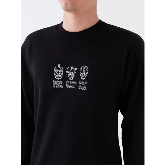 XSIDE Siyah Bisiklet Yaka Uzun Kollu Baskılı Erkek Sweatshirt