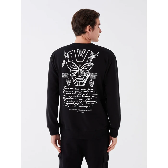 XSIDE Siyah Bisiklet Yaka Uzun Kollu Baskılı Erkek Sweatshirt