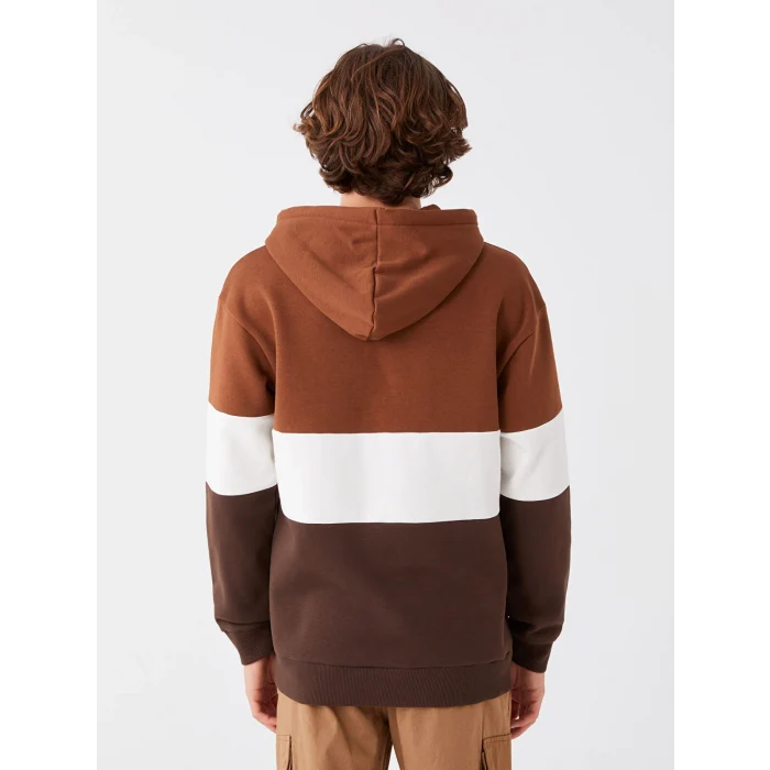 XSIDE Kahverengi Uzun Kollu Renk Bloklu Erkek Kalın Hoodie