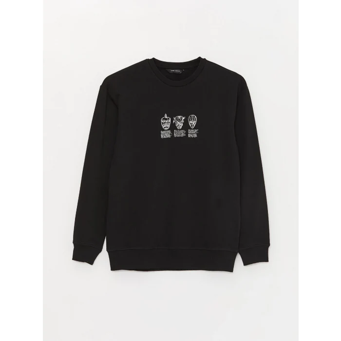 XSIDE Siyah Bisiklet Yaka Uzun Kollu Baskılı Erkek Sweatshirt