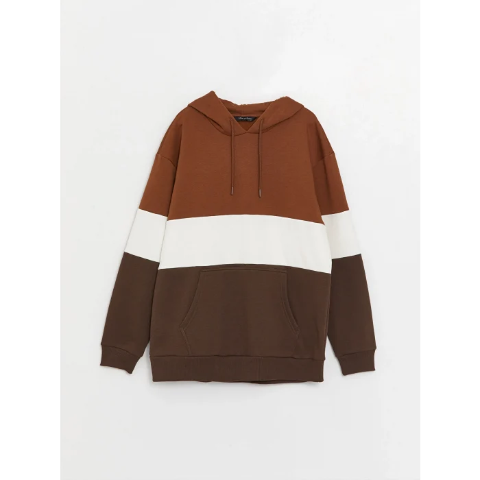 XSIDE Kahverengi Uzun Kollu Renk Bloklu Erkek Kalın Hoodie
