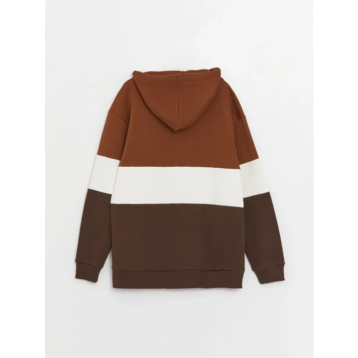 XSIDE Kahverengi Uzun Kollu Renk Bloklu Erkek Kalın Hoodie