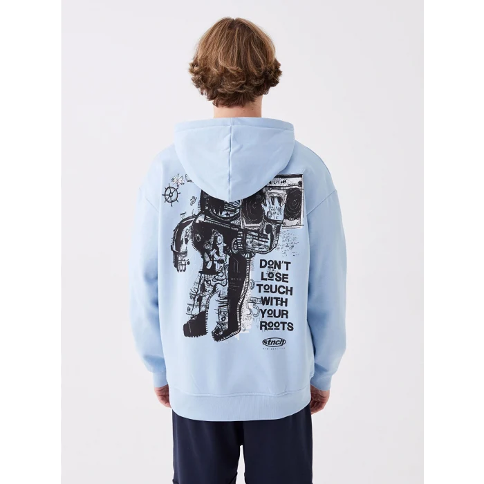 XSIDE Mavi Uzun Kollu Baskılı Erkek Kalın Hoodie