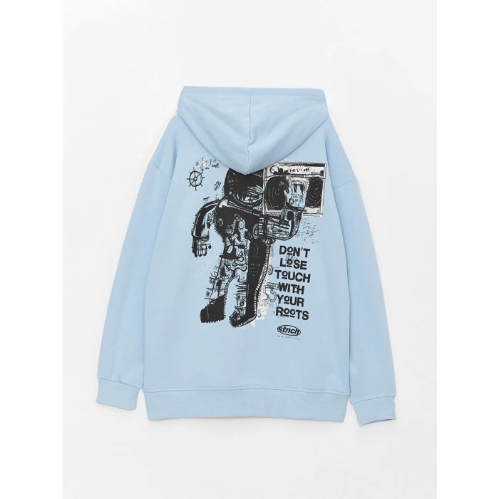 XSIDE Mavi Uzun Kollu Baskılı Erkek Kalın Hoodie