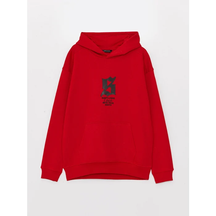 XSIDE Kırmızı Uzun Kollu Baskılı Erkek Kalın Hoodie