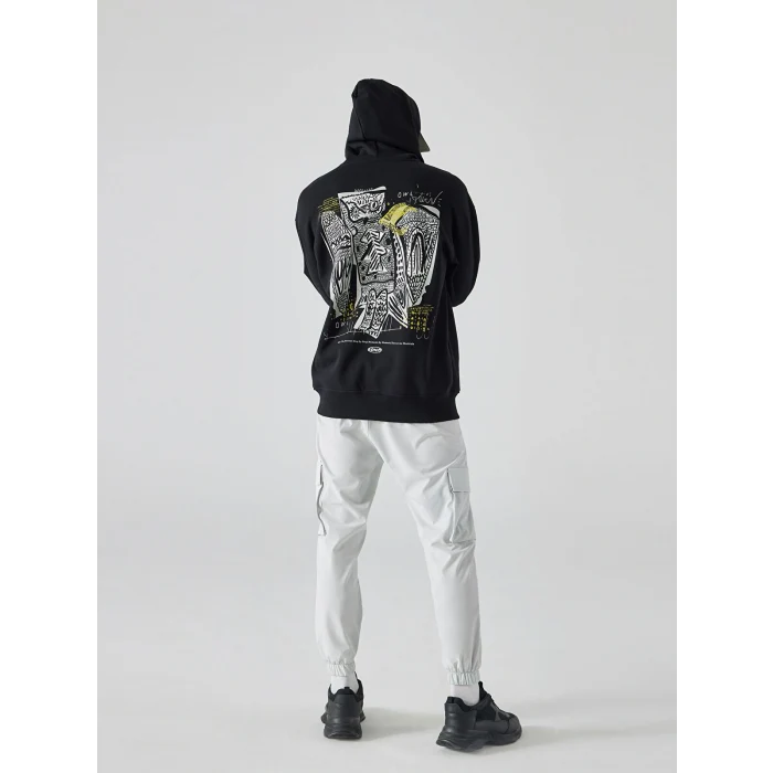XSIDE Siyah Uzun Kollu Baskılı Erkek Kalın Hoodie
