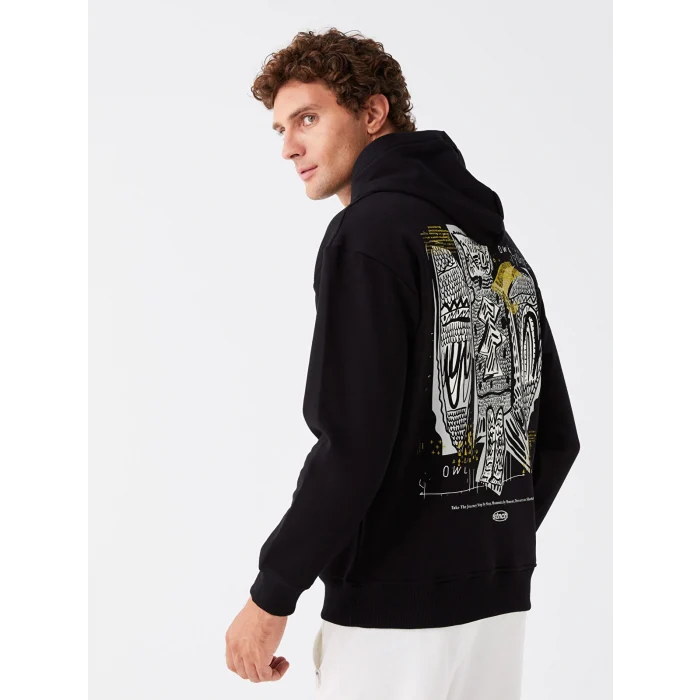 XSIDE Siyah Uzun Kollu Baskılı Erkek Kalın Hoodie