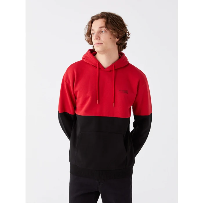 XSIDE Kırmızı Uzun Kollu Renk Bloklu Erkek Kalın Hoodie