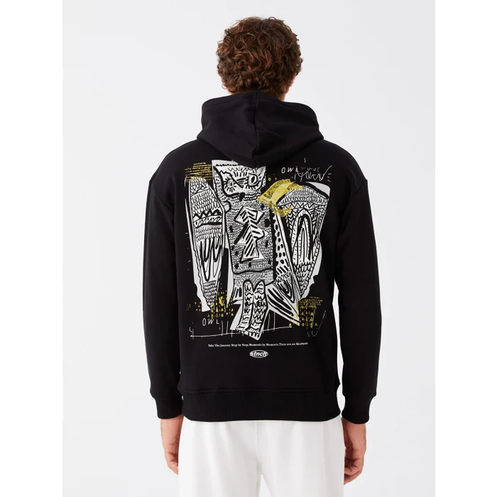 XSIDE Siyah Uzun Kollu Baskılı Erkek Kalın Hoodie