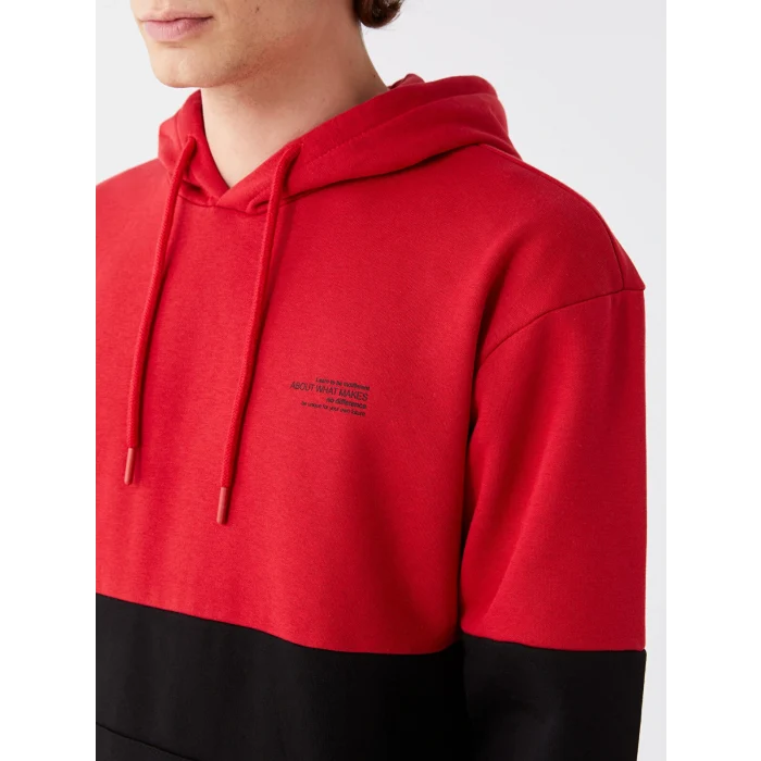 XSIDE Kırmızı Uzun Kollu Renk Bloklu Erkek Kalın Hoodie