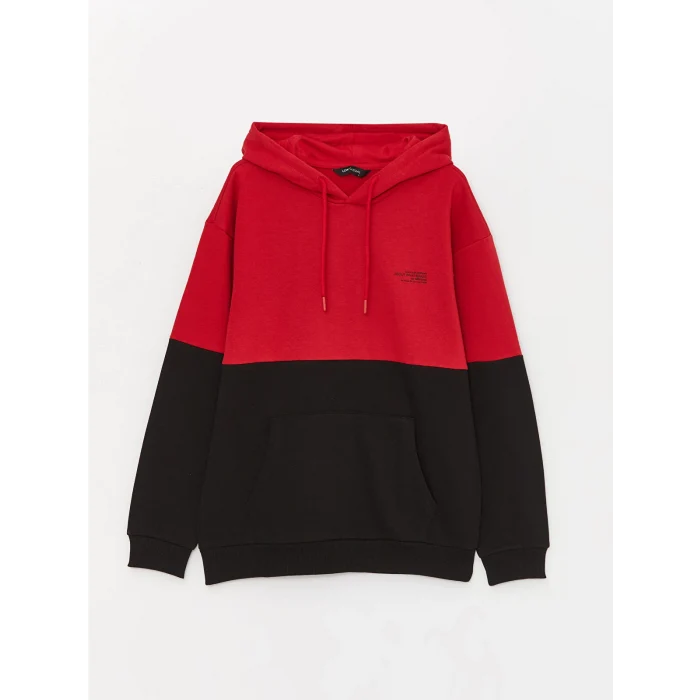 XSIDE Kırmızı Uzun Kollu Renk Bloklu Erkek Kalın Hoodie