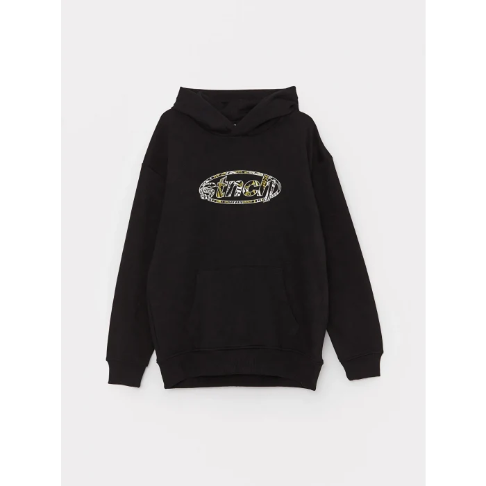 XSIDE Siyah Uzun Kollu Baskılı Erkek Kalın Hoodie