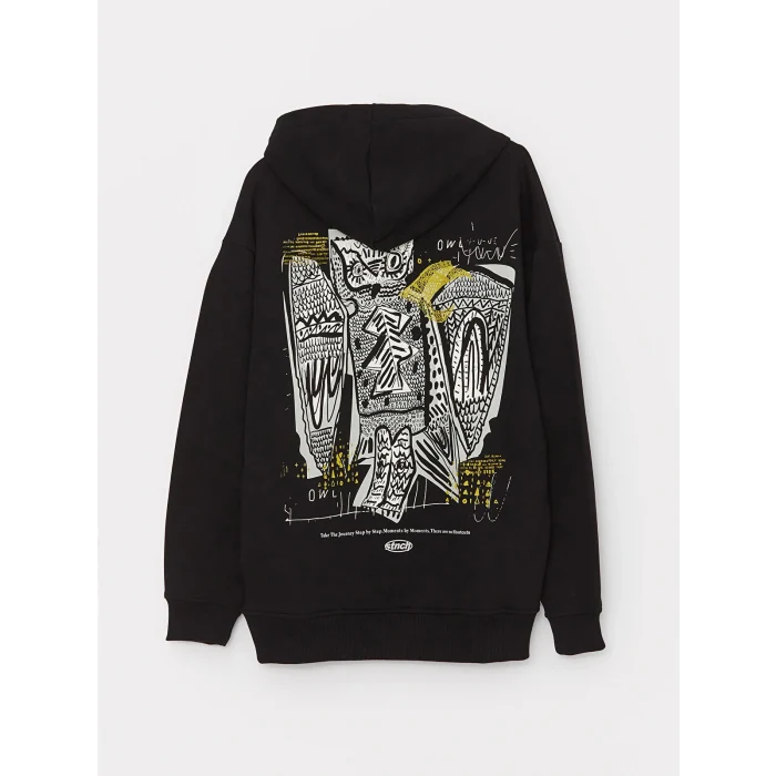 XSIDE Siyah Uzun Kollu Baskılı Erkek Kalın Hoodie