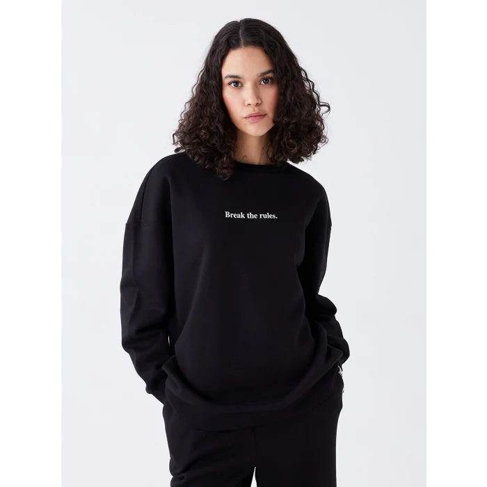 LCW Vision Siyah Bisiklet Yaka Baskılı Oversize Kadın Kalın Sweatshirt