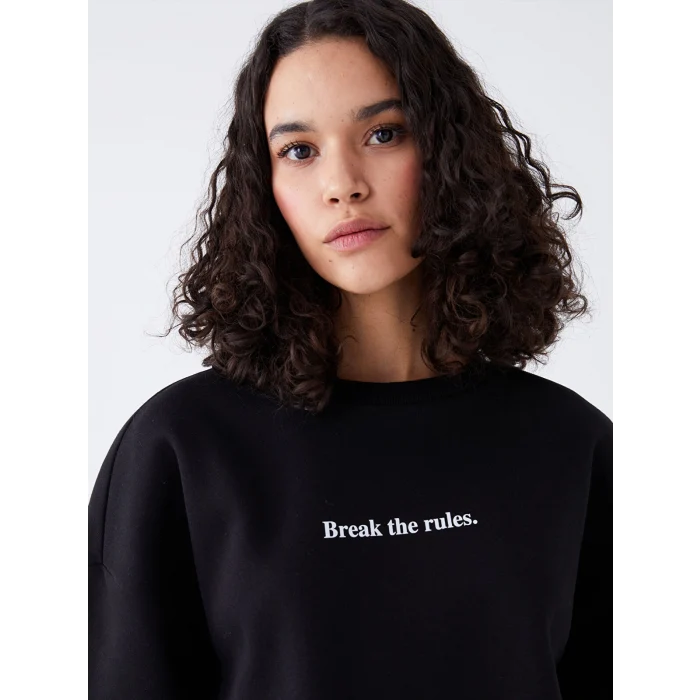 LCW Vision Siyah Bisiklet Yaka Baskılı Oversize Kadın Kalın Sweatshirt