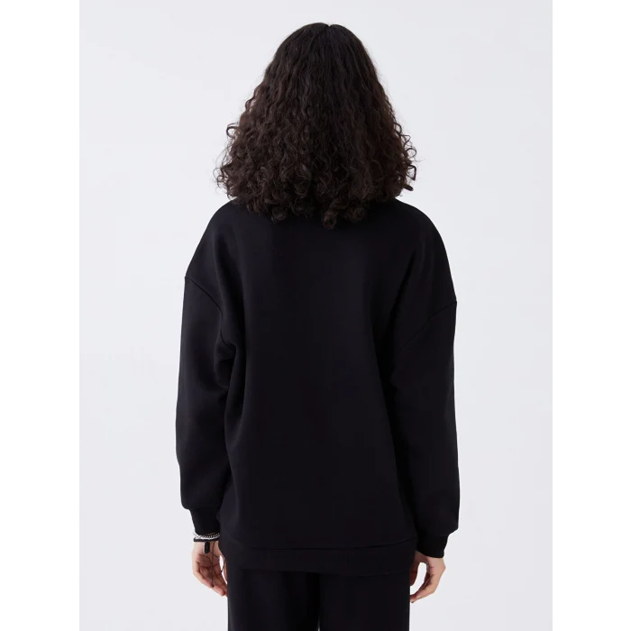 LCW Vision Siyah Bisiklet Yaka Baskılı Oversize Kadın Kalın Sweatshirt