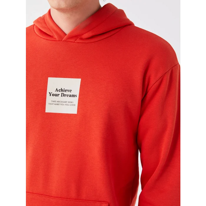 XSIDE Kırmızı Uzun Kollu Baskılı Erkek Kalın Hoodie