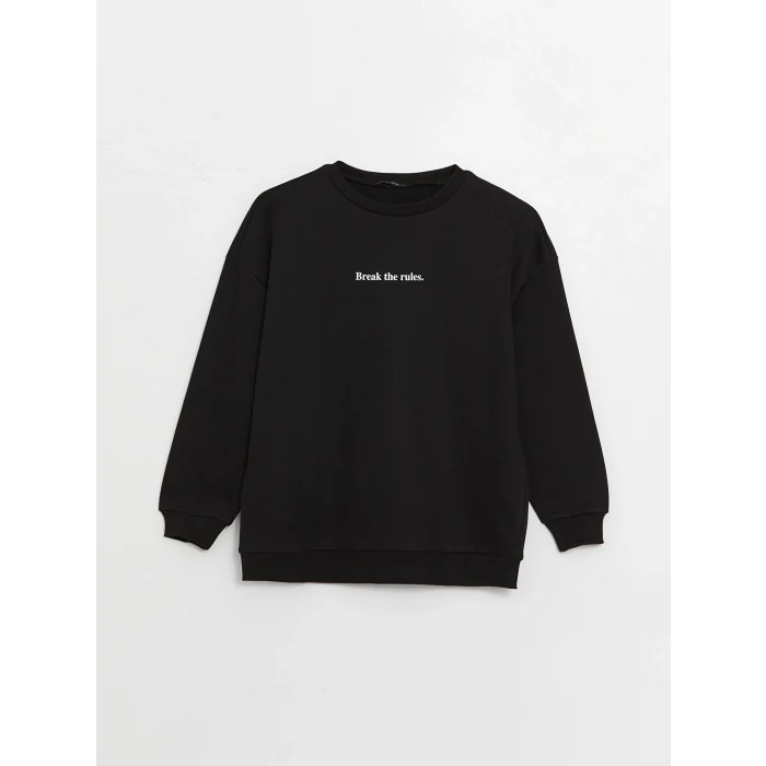 LCW Vision Siyah Bisiklet Yaka Baskılı Oversize Kadın Kalın Sweatshirt