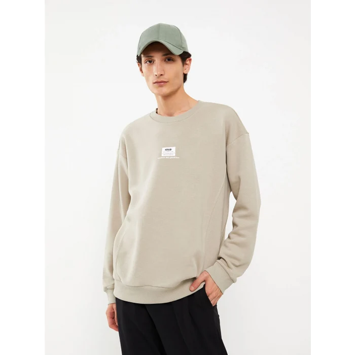 XSIDE Bej Bisiklet Yaka Baskılı Erkek Kalın Sweatshirt